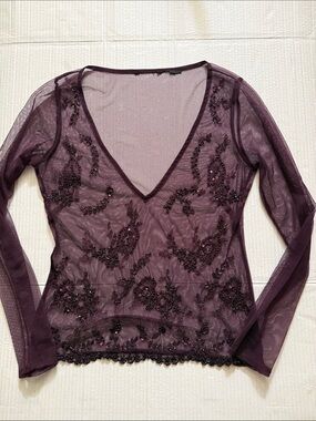 Y2K Sheer Beaded Mesh Top Size M L Long Sleeve Purple Fairy Festival Rave Goth